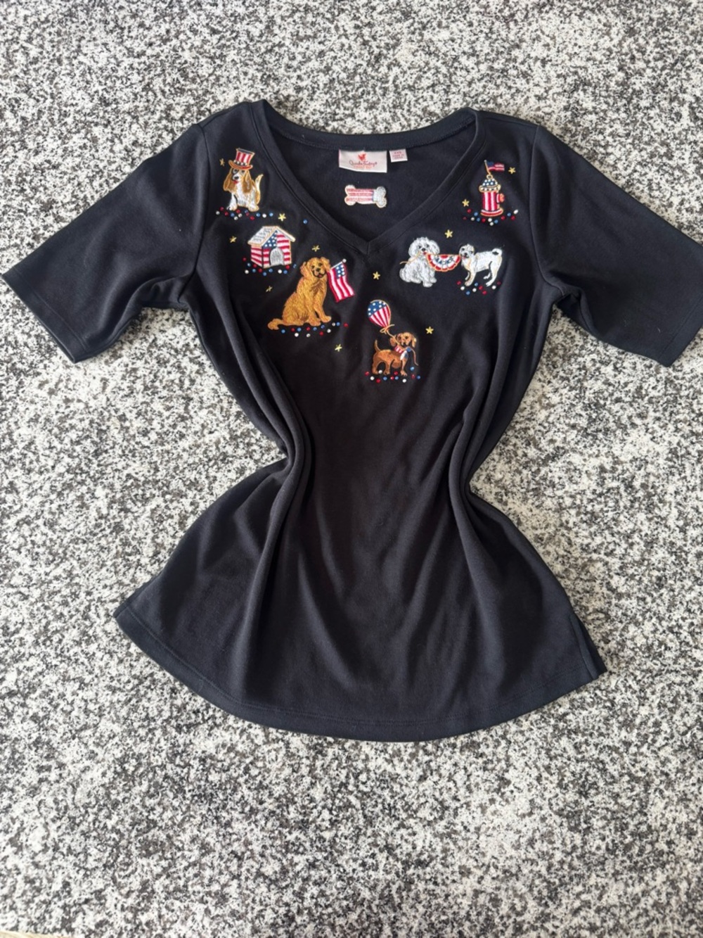 Quacker Factory Black V-Neck Patriotic Dog Embroidered Tee